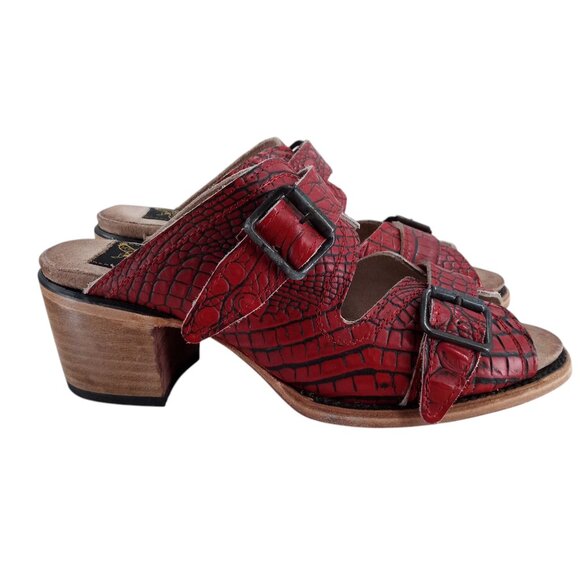 Freebird by Steven Caprice Red Leather Buckle Heeled Mule Sandals Size 9 Reptile - Picture 11 of 13